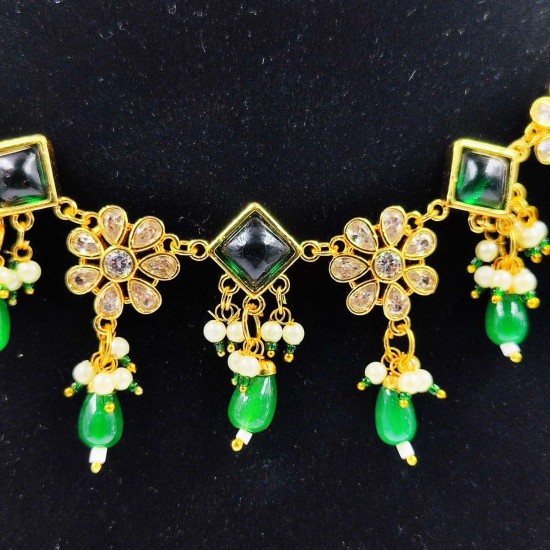 AD Necklace with earrings square flower design in green colour NE-003