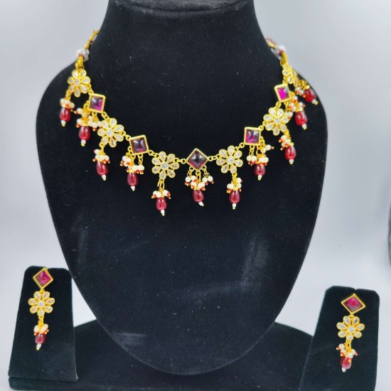 AD Necklace with earrings square flower design in Gulabi colour NE-004