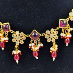AD Necklace with earrings square flower design in Gulabi colour NE-004