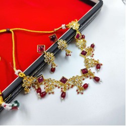AD Necklace with earrings square flower design in Gulabi colour NE-004