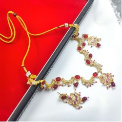 AD Necklace with earrings half moon and oval design in gulabi colour NE-005
