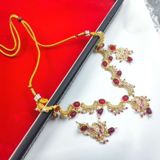 AD Necklace with earrings half moon and oval design in gulabi colour NE-005