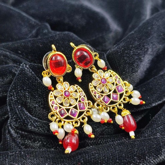 AD Necklace with earrings half moon and oval design in gulabi colour NE-005