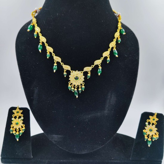 AD Necklace with earrings keri and flower design in Green colour NE-008