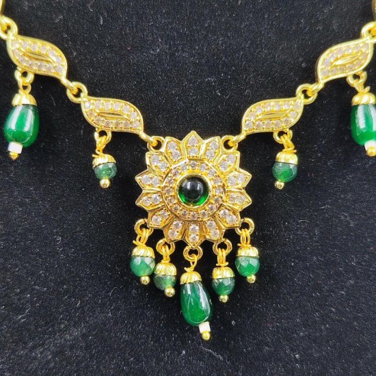 AD Necklace with earrings keri and flower design in Green colour NE-008