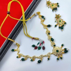 AD Necklace with earrings keri and flower design in Green colour NE-008