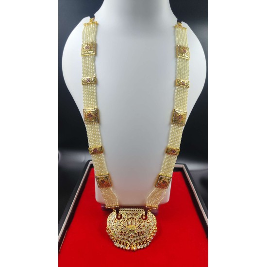 Traditional Pearl and Gold Necklace Set with Earrings In Lotus Motif MH001