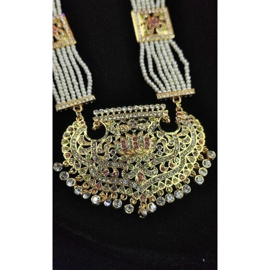 Traditional Pearl and Gold Necklace Set with Earrings In Lotus Motif MH001