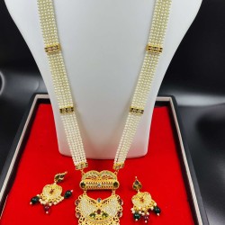 Traditional 5 Line Pearl and Gold Necklace Set with Matching Earrings MH002