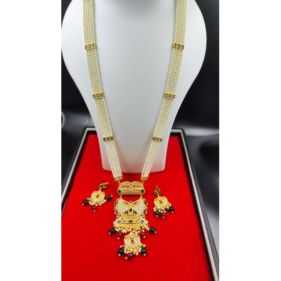 Traditional 5 Line Pearl and Gold Necklace Set with Matching Earrings MH002