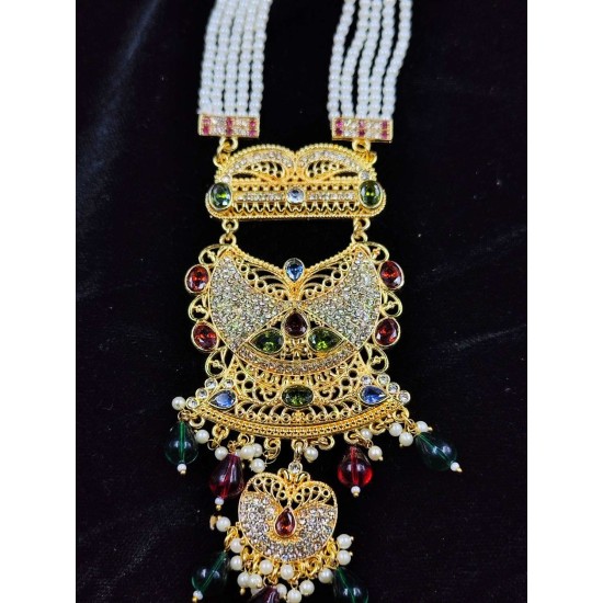 Traditional 5 Line Pearl and Gold Necklace Set with Matching Earrings MH002