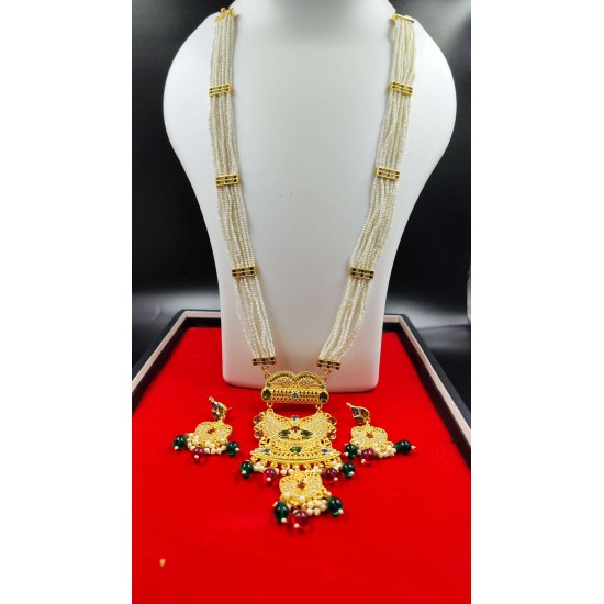 Traditional 10 Line Pearl and Gold Necklace Set with Matching Earrings MH003