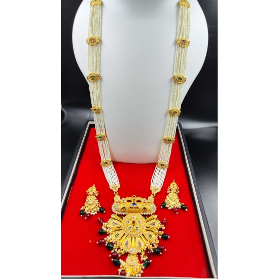 Rani Har In 10 Line With Matching Earrings In Big Pandent Flower Design In Multi Colour MH004