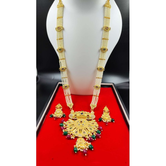 Rani Har In 5 Line With Matching Earrings In Big Pandent Flower Design In Multi Colour MH005