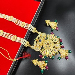 Rani Har In 5 Line With Matching Earrings In Big Pandent Flower Design In Multi Colour MH005