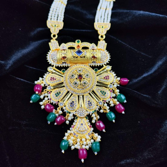 Rani Har In 5 Line With Matching Earrings In Big Pandent Flower Design In Multi Colour MH005