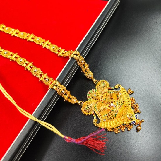 Traditional Gold Temple Necklace with Peacock Pendant Design MH007