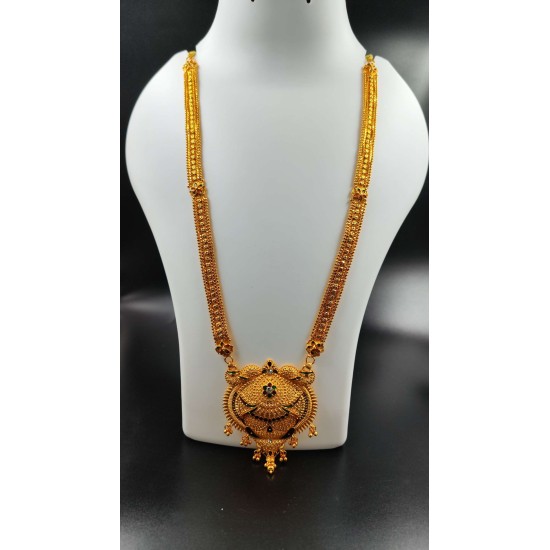 Traditional Gold Temple Gerua Necklace with Intricate Pendant Design MH010