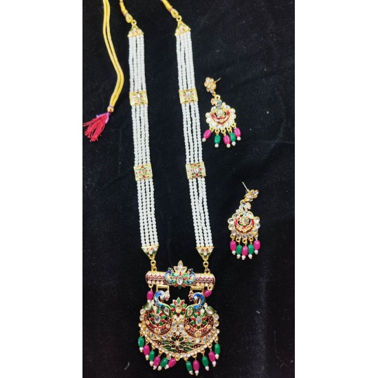 Maharani Haar with earrings kundan and mina design with mina double peacock  motive (MH-135-002)