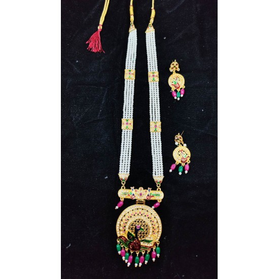 Maharani Haar with earrings kundan and mina design with mina singal peacock  motive (MH-135-003)