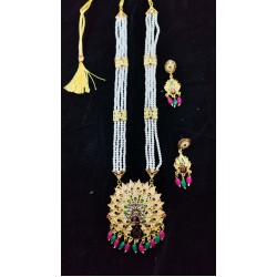 Maharani Haar with earrings kundan and mina design with mina peacock feathers motif (MH-135-004)