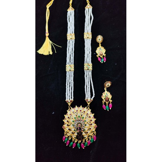 Maharani Haar with earrings kundan and mina design with mina peacock feathers motif (MH-135-004)