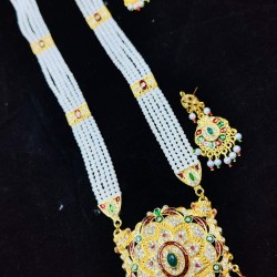 Maharani Haar with earrings kundan and mina design with big crystal stone  motive (MH-135-005)