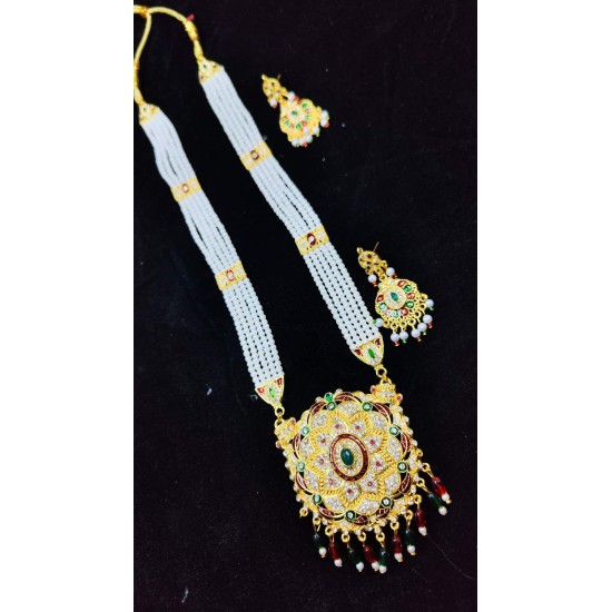 Maharani Haar with earrings kundan and mina design with big crystal stone  motive (MH-135-005)