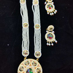 Maharani Haar with earrings kundan and pearl design, 8 circles design with double peacock motif(MH-170-003)
