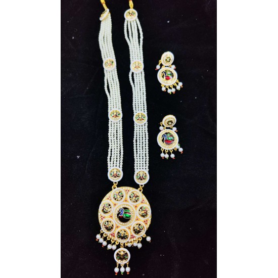 Maharani Haar with earrings kundan and pearl design, 8 circles design with double peacock motif(MH-170-003)