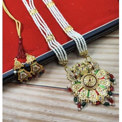 Flower motive Maharani Haar with earrings kundan and pearl design Red green colour MH-120-002