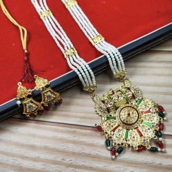 Flower motive Maharani Haar with earrings kundan and pearl design Red green colour MH-120-002