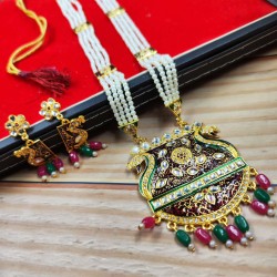 Maharani Haar with earrings kundan and pearl design, double peacock motive (MH-120-005)