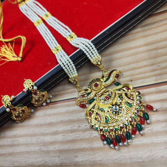 Maharani Haar with earrings kundan and pearl design, flower pot motive (MH-120-006)