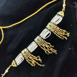 Gold plated Chik set 10 line moti with 3 pandent diamond shap design green colour CK-000-001