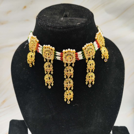 Micro gold plated necklace chik set 10 line moti and multi colour peacock motif NE-350-002