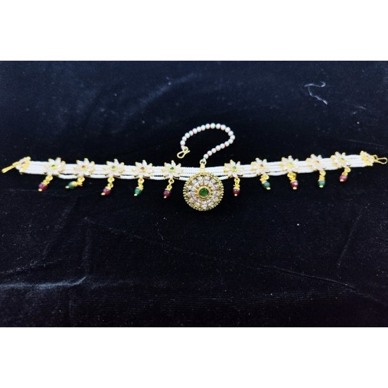 AD shishfool Mathapatti with rakhdi circles design in green pink colour SF-014