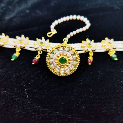 AD shishfool Mathapatti with rakhdi circles design in green pink colour SF-014