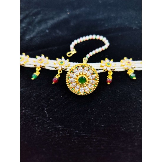 AD shishfool Mathapatti with rakhdi circles design in green pink colour SF-014