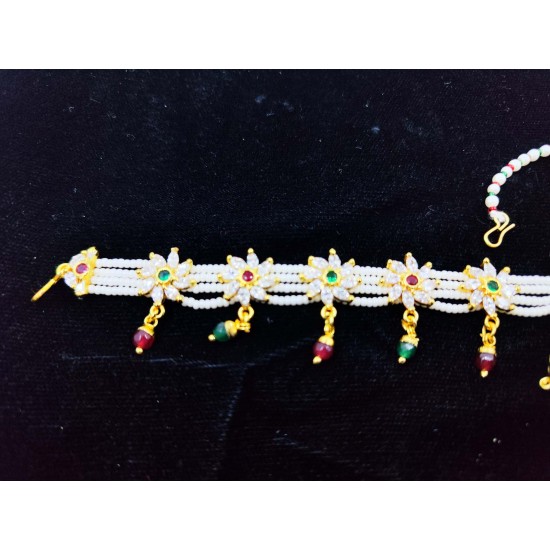 AD shishfool Mathapatti with rakhdi circles design in green pink colour SF-014