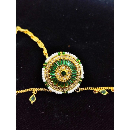 AD Rakhdi green circles design with plane chain jhela in green colour RK-003