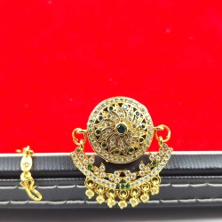 Traditional Rajasthani AD Tika Rakhdi Flower Design With Green Colour Stones Border  |  – Ethnic Gold Plated Head Jewellery TR 003