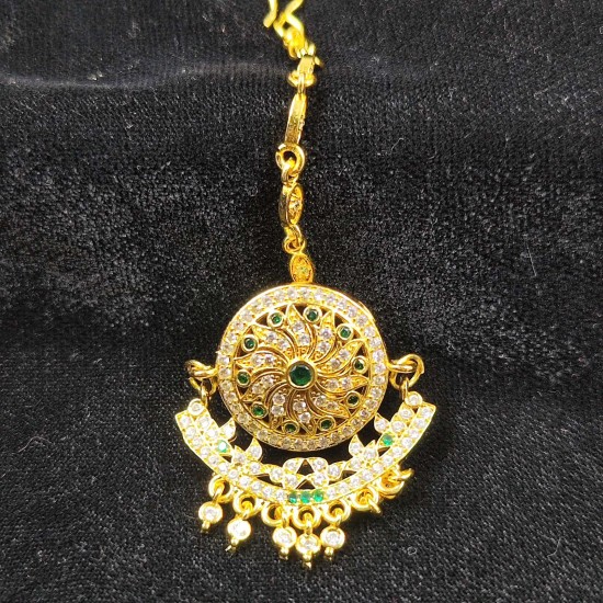 Traditional Rajasthani AD Tika Rakhdi Flower Design With Green Colour Stones Border  |  – Ethnic Gold Plated Head Jewellery TR 003