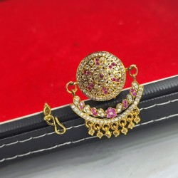 Traditional Rajasthani AD Tika Rakhdi Flower Design With Pink Colour Stones Border | – Ethnic Gold Plated Head Jewellery TR 004