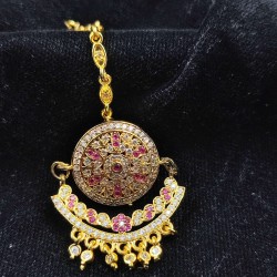 Traditional Rajasthani AD Tika Rakhdi Flower Design With Pink Colour Stones Border | – Ethnic Gold Plated Head Jewellery TR 004