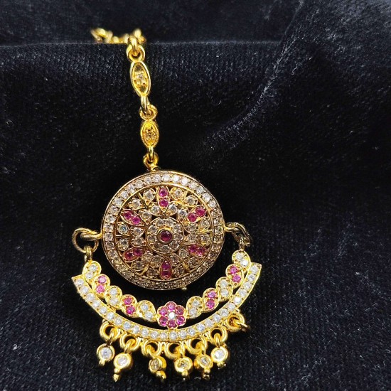 Traditional Rajasthani AD Tika Rakhdi Flower Design With Pink Colour Stones Border | – Ethnic Gold Plated Head Jewellery TR 004