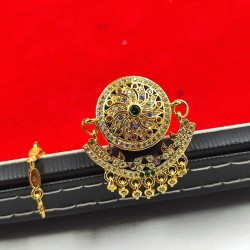 Traditional Rajasthani AD Tika Rakhdi Flower Design With Multi Colours Stones Border | – Ethnic Gold Plated Head Jewellery TR 005