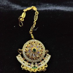 Traditional Rajasthani AD Tika Rakhdi Flower Design With Multi Colours Stones Border | – Ethnic Gold Plated Head Jewellery TR 005