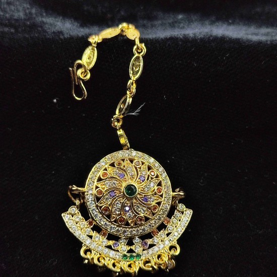 Traditional Rajasthani AD Tika Rakhdi Flower Design With Multi Colours Stones Border | – Ethnic Gold Plated Head Jewellery TR 005